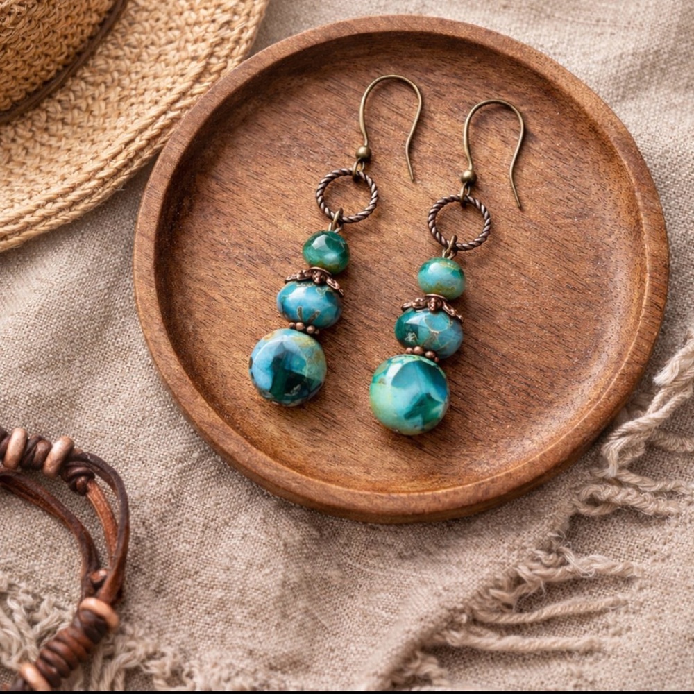 Vintage Turquoise Bead Earrings Artisan Boho Dangle 2”